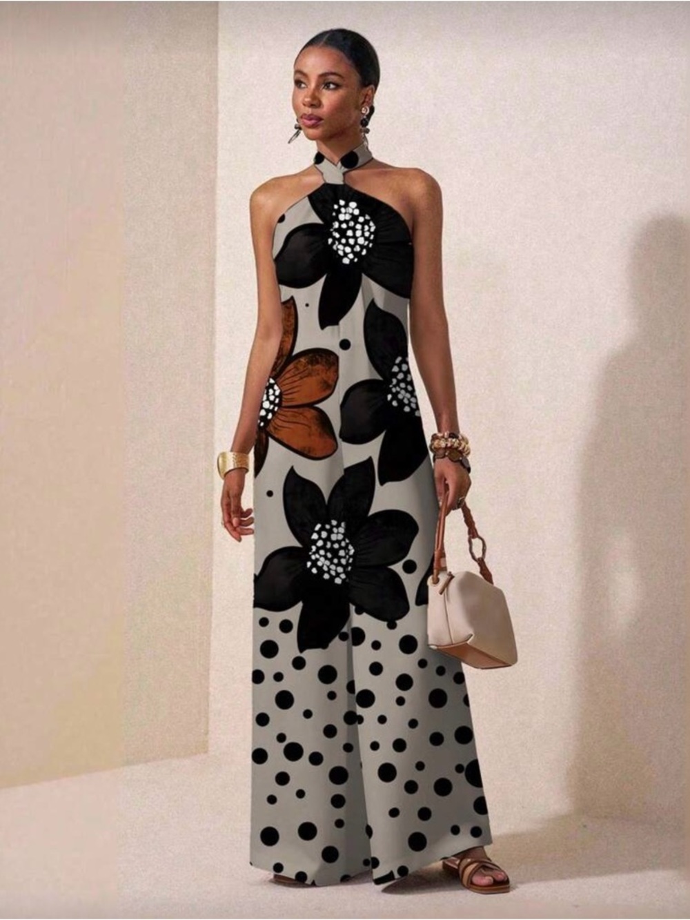 Halter Jumpsuit with Bold Floral & Polka Dot Print - Black/Beige